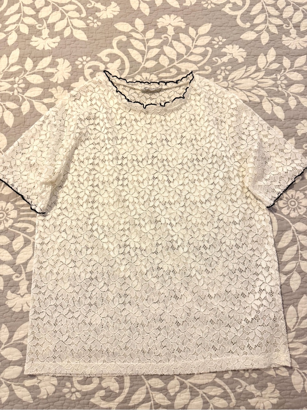 Zara White Lace Short Sleeve Blouse with Black Trim Detail